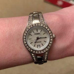 Fossil Mother of Pearl face watch with CZ border